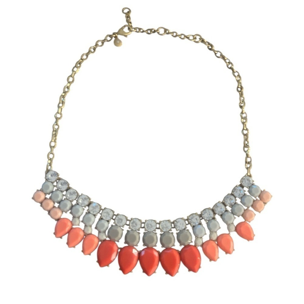 J. Crew Statement Necklace Orange Coral Grey Stones Crystal Chunky